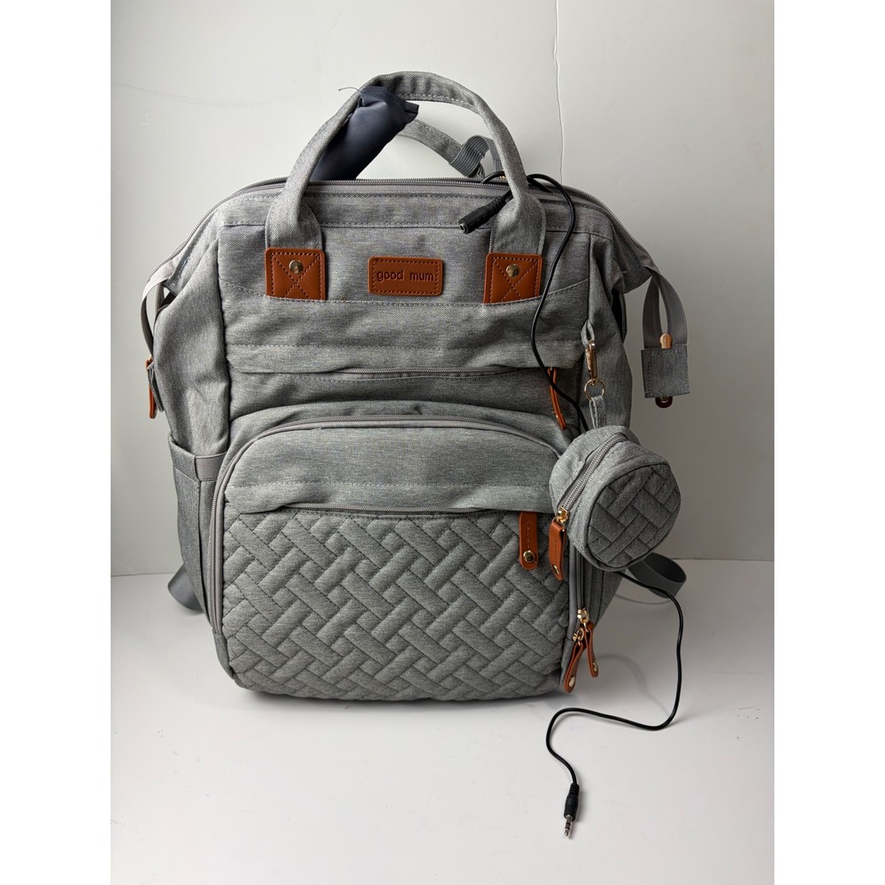 Good Mum Diaper Bag Backpack with Changing Station Grey Heathered USB Port